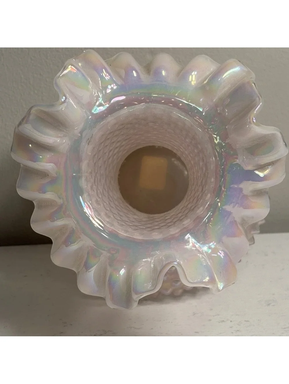 Fenton Iridescent Opalescent Champagne Pink Hobnail Double Crimped Vase 10 1/2